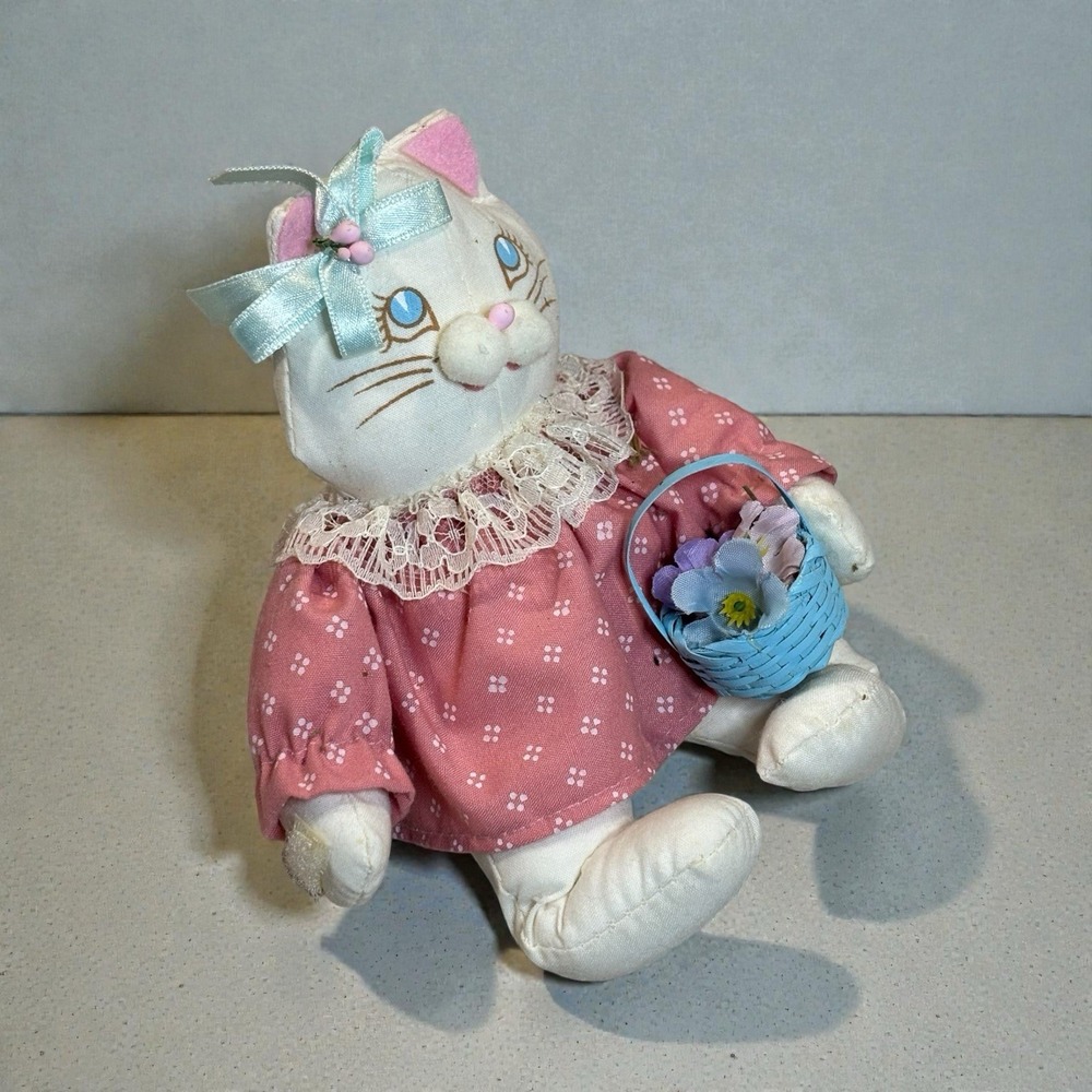 Rare Vintage Enesco 1980s Mini Plush Kitten White Cat Easter Dress Basket Decor
